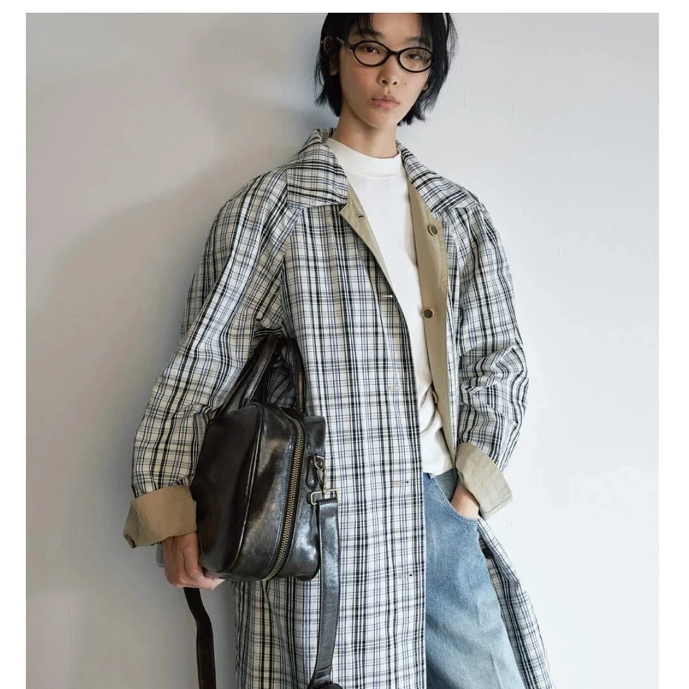 Pixie Market Reversible Khaki Trench Coat with Plaid Lining & Cuff Detail - Picture 8 of 9